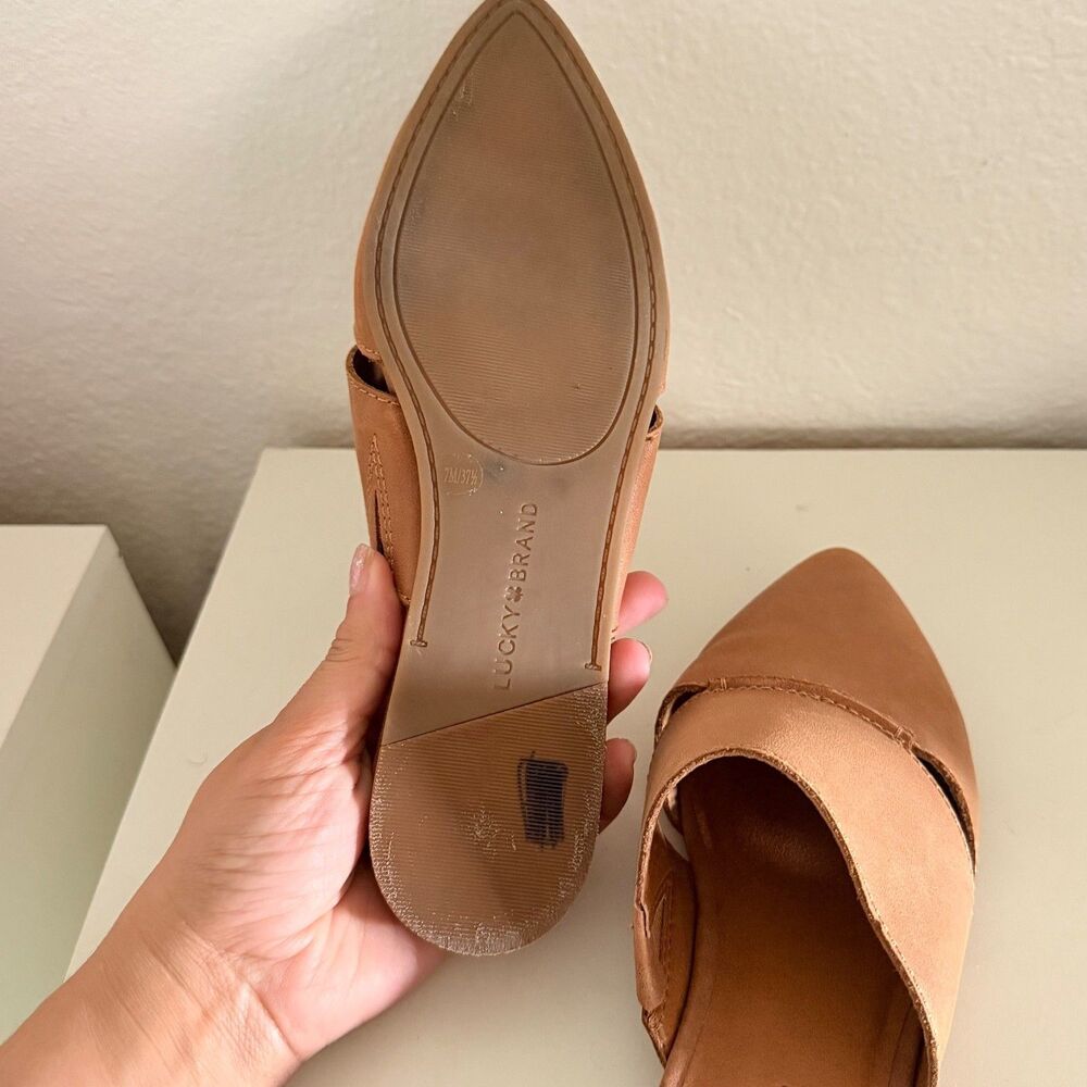 Lucky Brand Leather Mule Slides Women Size 7 Brown Tan Slip On Pointed Toe Fla - Picture 6 of 8